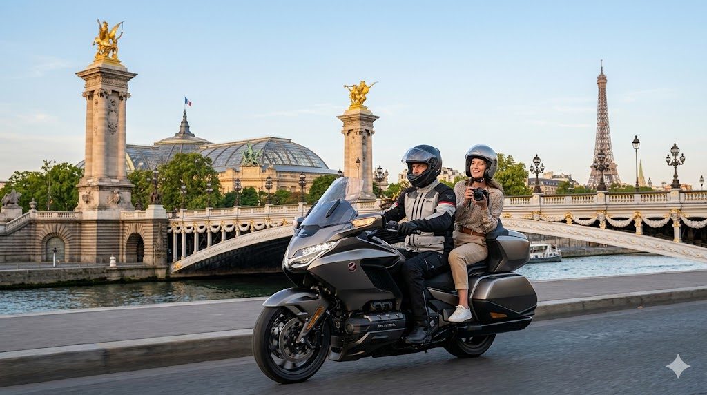 Balade moto Paris en Honda Gold Wing sur le pont Alexandre III avec la Tour Eiffel en arrière-plan