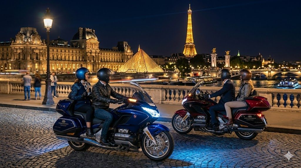 Paris by Night en moto — deux Honda Gold Wing sur les quais avec le Louvre et la Tour Eiffel illuminée